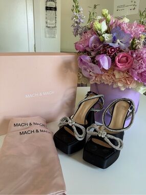 MACH & MACH Black Platform Sandals with Crystal Bow Accents